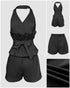 2 Pieces Outfit V-Neck Button Front Bow Tie Back Sleeveless Backless Top and Casual Elastic Back Waist Zipper Fly Shorts Set black