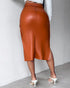 High Waisted Belted PU Leather Pencil Skirt Side Button Split Work Midi Skirt brown