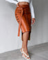 High Waisted Belted PU Leather Pencil Skirt Side Button Split Work Midi Skirt brown