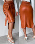 High Waisted Belted PU Leather Pencil Skirt Side Button Split Work Midi Skirt brown