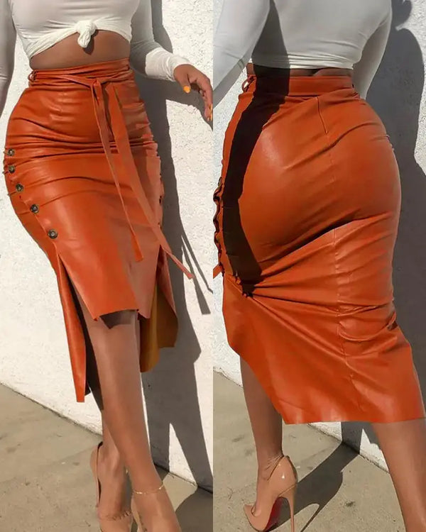 High Waisted Belted PU Leather Pencil Skirt Side Button Split Work Midi Skirt brown