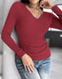 ChicMe Built-in Bra Notch Neck Long Sleeve Shirts Rib-Knit Ruched Waist Top Wine red