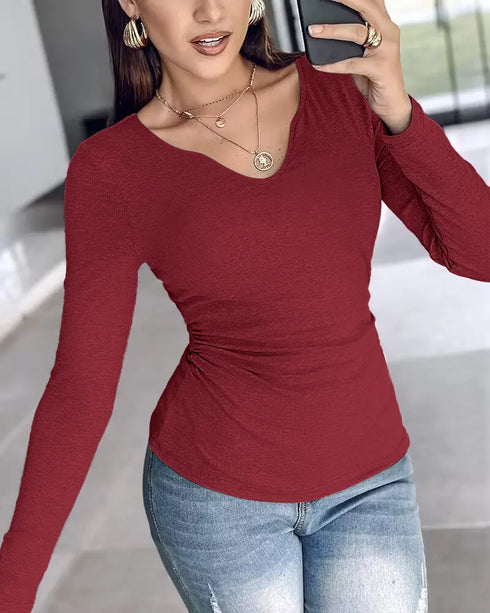 ChicMe Built-in Bra Notch Neck Long Sleeve Shirts Rib-Knit Ruched Waist Top Wine red