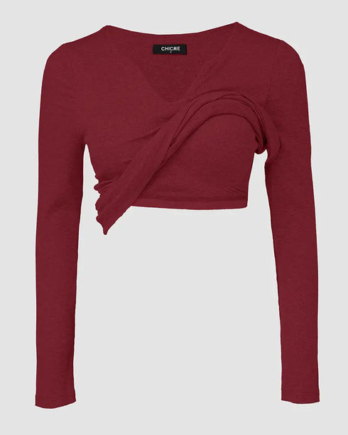 ChicMe Built-in Bra Notch Neck Long Sleeve Shirts Rib-Knit Ruched Waist Top Wine red