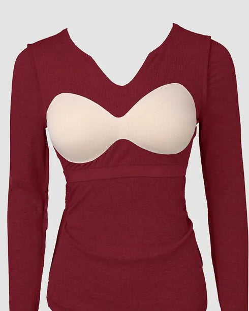 ChicMe Built-in Bra Notch Neck Long Sleeve Shirts Rib-Knit Ruched Waist Top Wine red