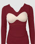ChicMe Built-in Bra Notch Neck Long Sleeve Shirts Rib-Knit Ruched Waist Top Wine red