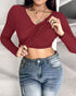 ChicMe Built-in Bra Notch Neck Long Sleeve Shirts Rib-Knit Ruched Waist Top Wine red