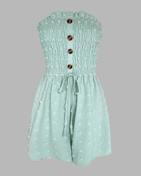 Floral Print Bandeau Shirred Romper Casual Button Decor Short Jumpsuit light green