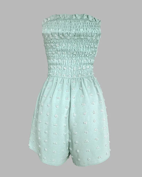 Floral Print Bandeau Shirred Romper Casual Button Decor Short Jumpsuit light green