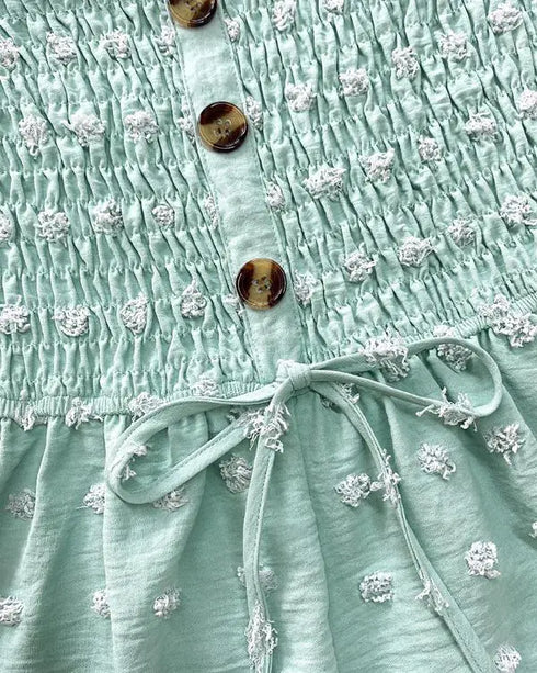 Floral Print Bandeau Shirred Romper Casual Button Decor Short Jumpsuit light green