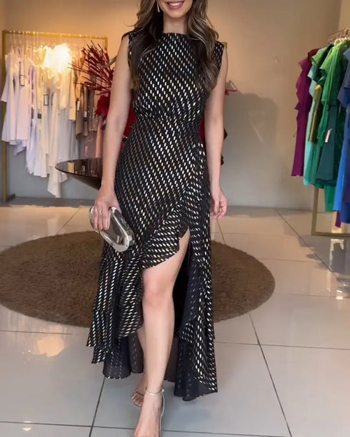 Punching Sleeveless Waist Maxi Dress Elegant Asymmetrical Ruffles Slit Skinny Dress black