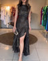 Punching Sleeveless Waist Maxi Dress Elegant Asymmetrical Ruffles Slit Skinny Dress black