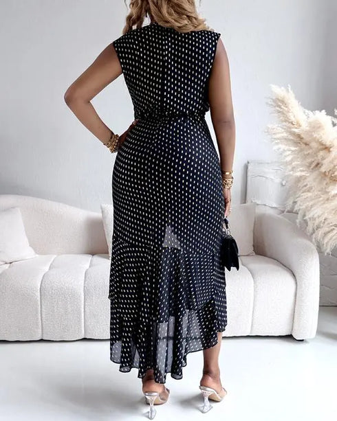 Punching Sleeveless Waist Maxi Dress Elegant Asymmetrical Ruffles Slit Skinny Dress black