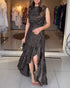 Punching Sleeveless Waist Maxi Dress Elegant Asymmetrical Ruffles Slit Skinny Dress black