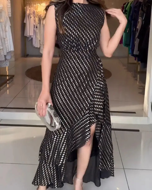 Punching Sleeveless Waist Maxi Dress Elegant Asymmetrical Ruffles Slit Skinny Dress black