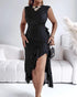Punching Sleeveless Waist Maxi Dress Elegant Asymmetrical Ruffles Slit Skinny Dress black