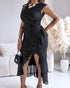 Punching Sleeveless Waist Maxi Dress Elegant Asymmetrical Ruffles Slit Skinny Dress black
