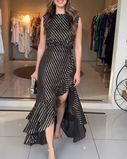 Punching Sleeveless Waist Maxi Dress Elegant Asymmetrical Ruffles Slit Skinny Dress black