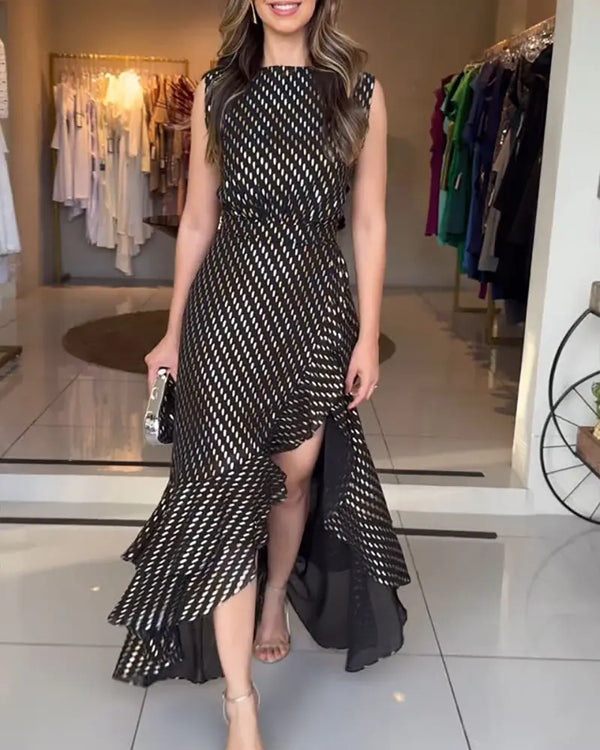 Punching Sleeveless Waist Maxi Dress Elegant Asymmetrical Ruffles Slit Skinny Dress black