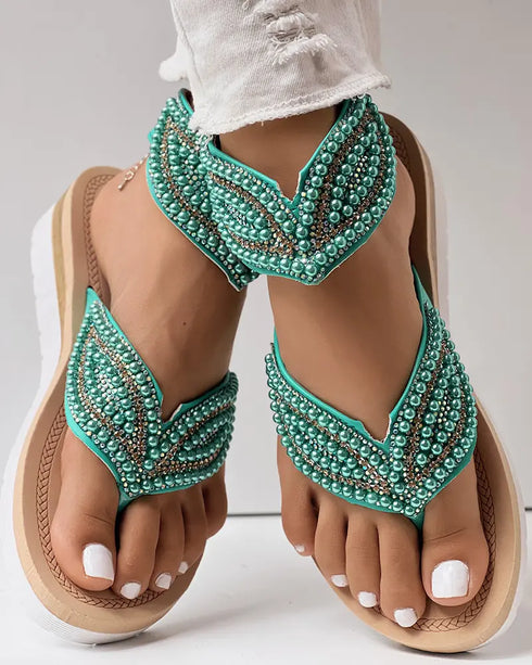 Rhinestone Beaded Leaf Pattern Summer Flip Flops green