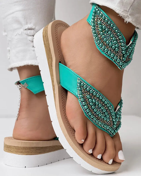 Rhinestone Beaded Leaf Pattern Summer Flip Flops green