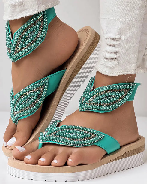 Rhinestone Beaded Leaf Pattern Summer Flip Flops green