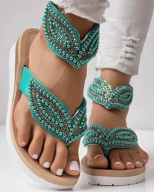 Rhinestone Beaded Leaf Pattern Summer Flip Flops green