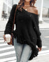 V-Neck Long Sleeve Sweater Fringe Pullover Casual Tassel Fall Winter Top black