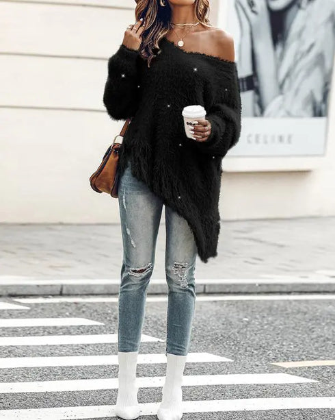 V-Neck Long Sleeve Sweater Fringe Pullover Casual Tassel Fall Winter Top black