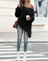 V-Neck Long Sleeve Sweater Fringe Pullover Casual Tassel Fall Winter Top black