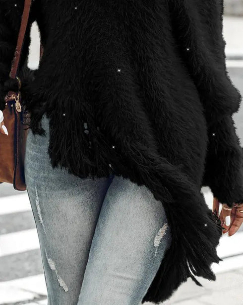 V-Neck Long Sleeve Sweater Fringe Pullover Casual Tassel Fall Winter Top black