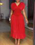 Textured V Neck Sleeveless Ruched Ruffles Hem Dress Casual Waist A Line Party Midi Dress red