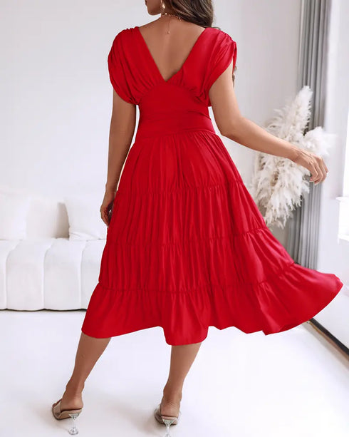 Textured V Neck Sleeveless Ruched Ruffles Hem Dress Casual Waist A Line Party Midi Dress red