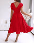 Textured V Neck Sleeveless Ruched Ruffles Hem Dress Casual Waist A Line Party Midi Dress red