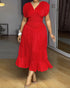 Textured V Neck Sleeveless Ruched Ruffles Hem Dress Casual Waist A Line Party Midi Dress red