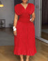 Textured V Neck Sleeveless Ruched Ruffles Hem Dress Casual Waist A Line Party Midi Dress red