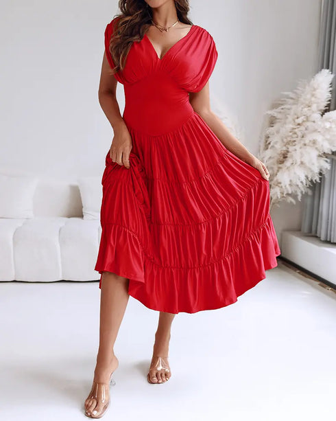 Textured V Neck Sleeveless Ruched Ruffles Hem Dress Casual Waist A Line Party Midi Dress red