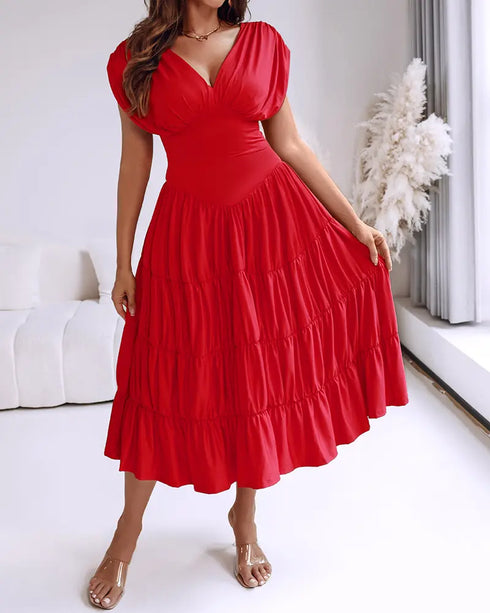 Textured V Neck Sleeveless Ruched Ruffles Hem Dress Casual Waist A Line Party Midi Dress red