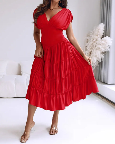 Textured V Neck Sleeveless Ruched Ruffles Hem Dress Casual Waist A Line Party Midi Dress red