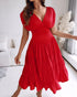 Textured V Neck Sleeveless Ruched Ruffles Hem Dress Casual Waist A Line Party Midi Dress red