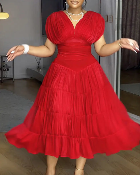 Textured V Neck Sleeveless Ruched Ruffles Hem Dress Casual Waist A Line Party Midi Dress red