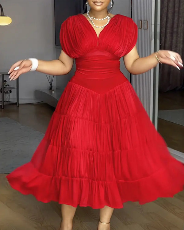 Textured V Neck Sleeveless Ruched Ruffles Hem Dress Casual Waist A Line Party Midi Dress red
