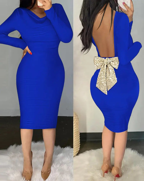 Rhinestone Decor Cold Shoulder Glitter Bodycon Dress blue
