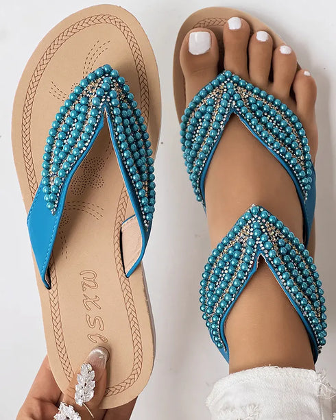 Rhinestone Beaded Leaf Pattern Summer Flip Flops blue