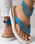 Rhinestone Beaded Leaf Pattern Summer Flip Flops blue
