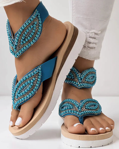 Rhinestone Beaded Leaf Pattern Summer Flip Flops blue