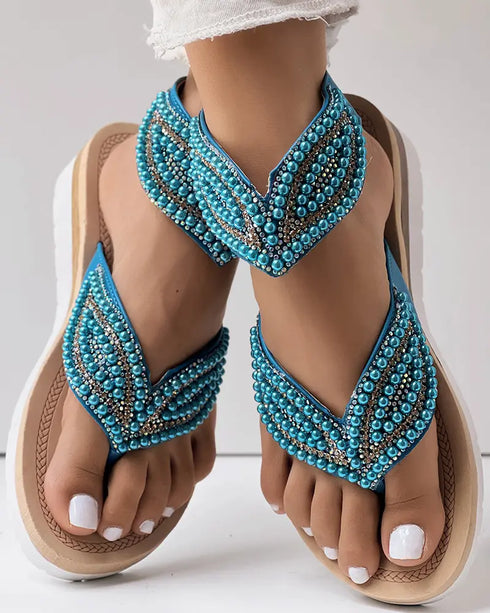 Rhinestone Beaded Leaf Pattern Summer Flip Flops blue