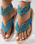 Rhinestone Beaded Leaf Pattern Summer Flip Flops blue