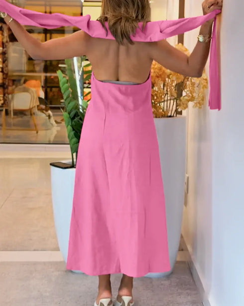 Turn-down Collar Button Front Sleeveless Shirt Dress Casual Tied Detail Maxi Dress pink