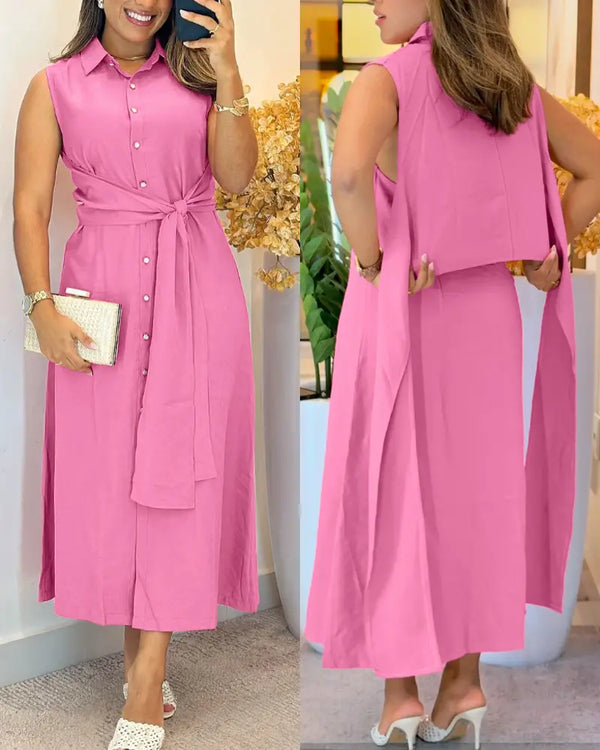 Turn-down Collar Button Front Sleeveless Shirt Dress Casual Tied Detail Maxi Dress pink